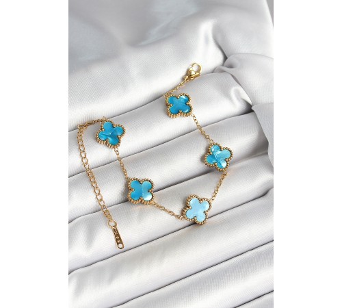 316L Çelik Sedefli Gökyüzü Mavisi Gold Renk Yonca Kadın Bileklik - TJ-BB6967