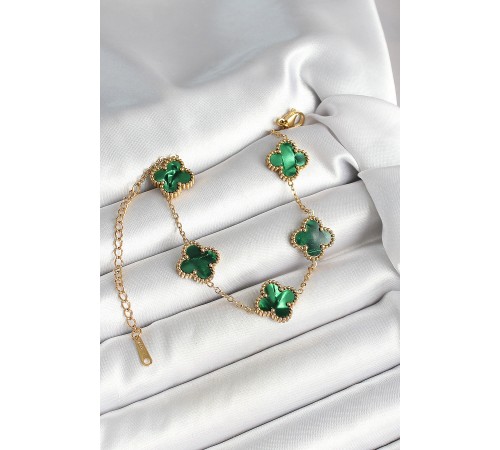 316L Çelik Sedefli Zümrüt Yeşil Gold Renk Yonca Kadın Bileklik - TJ-BB6968