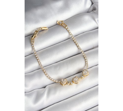 Pirinç Sıralı Kalp Figürlü Zirkon Taşlı Gold Renk Kadın Bileklik - TJ-BB6981