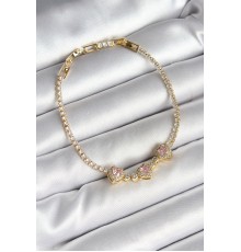 Pirinç Sıralı Pembe Kalp Figürlü Zirkon Taşlı Gold Renk Kadın Bileklik - TJ-BB6983