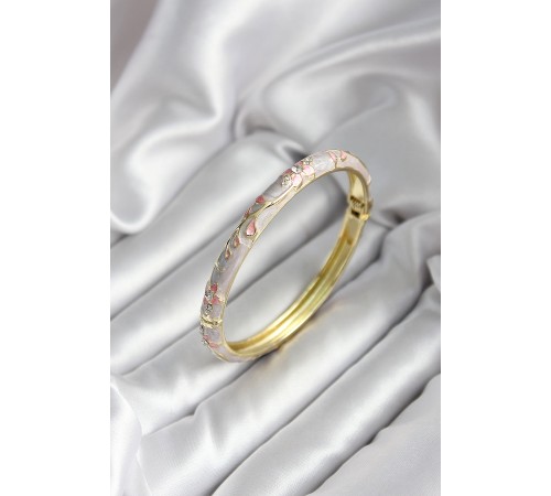 Mineli Pirinç Çiçek Desenli Zirkon Taşlı Gold Renk Kadın Kelepçe (çap 60 mm) - TJ-BB6984