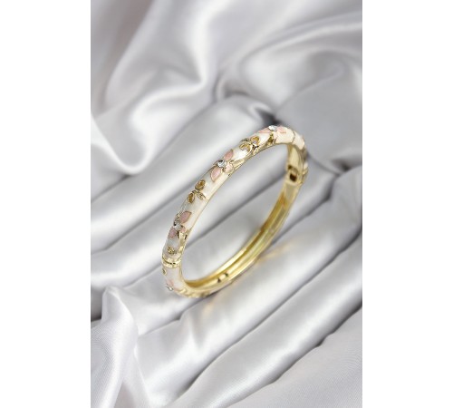 Mineli Pirinç Çiçek Desenli Zirkon Taşlı Gold Renk Kadın Kelepçe (çap 60 mm) - TJ-BB6986