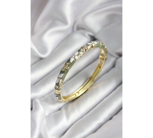 Mineli Pirinç Yeşil Çiçek Desenli Zirkon Taşlı Gold Renk Kadın Kelepçe (çap 60 mm) - TJ-BB6987