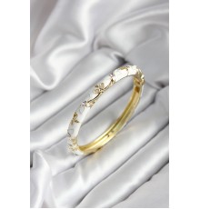 Mineli Pirinç Beyaz Çiçek Desenli Zirkon Taşlı Gold Renk Kadın Kelepçe (çap 60 mm) - TJ-BB6988