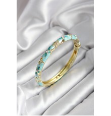 Mineli Pirinç Turkuaz Çiçek Desenli Zirkon Taşlı Gold Renk Kadın Kelepçe (çap 60 mm) - TJ-BB6990