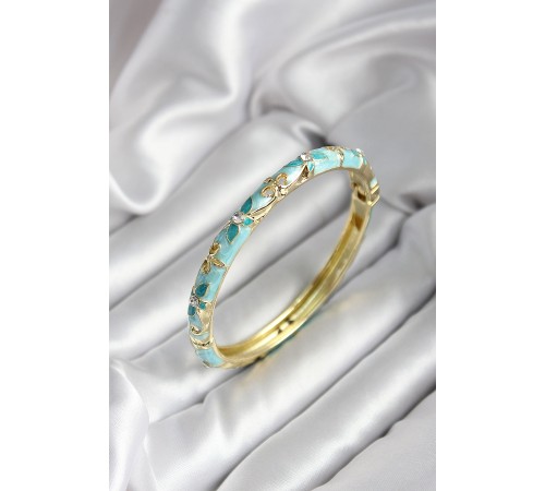 Mineli Pirinç Turkuaz Çiçek Desenli Zirkon Taşlı Gold Renk Kadın Kelepçe (çap 60 mm) - TJ-BB6990