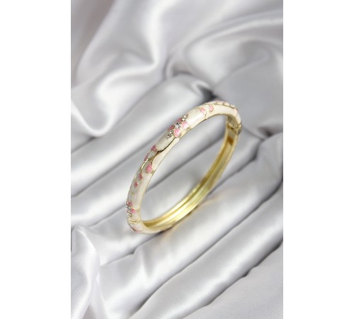 Mineli Pirinç Bej Çiçek Desenli Zirkon Taşlı Gold Renk Kadın Kelepçe (çap 60 mm) - TJ-BB6992