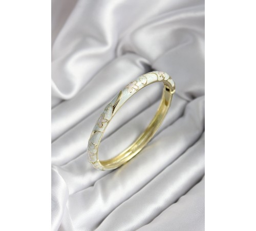 Mineli Pirinç Kırık Beyaz Çiçek Desenli Zirkon Taşlı Gold Renk Kadın Kelepçe (çap 60 mm) - TJ-BB6993