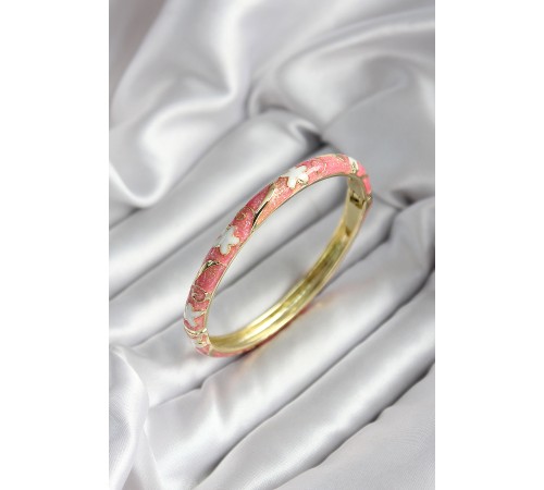 Mineli Pirinç Pembe Çiçek Desenli Gold Renk Kadın Kelepçe (çap 60 mm) - TJ-BB6994