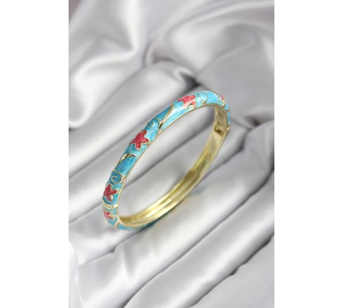 Mineli Pirinç Mavi Çiçek Desenli Gold Renk Kadın Kelepçe (çap 60 mm) - TJ-BB6995