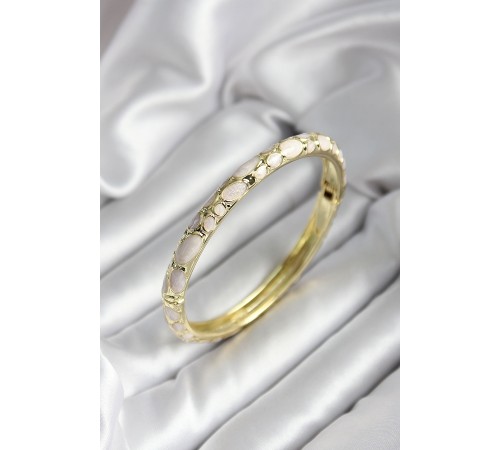 Mineli Pirinç Krem Çiçek Desenli Gold Renk Kadın Kelepçe (çap 60 mm) - TJ-BB6996