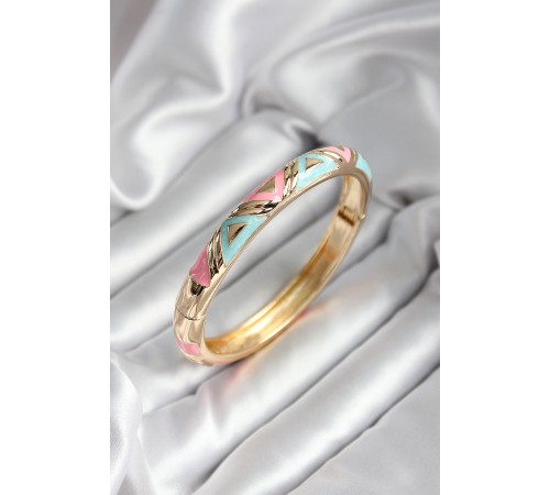 Mineli Pirinç Mavi Ve Pembe Üçgen Desenli Gold Renk Kadın Kelepçe (çap 60 mm) - TJ-BB6997