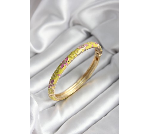 Mineli Pirinç Sarı Çiçek Desenli Gold Renk Kadın Kelepçe (çap 60 mm) - TJ-BB7000