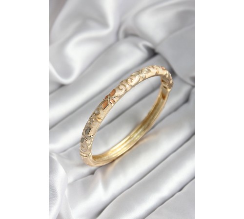 Mineli Pirinç Bej Çiçek Desenli Gold Renk Kadın Kelepçe (çap 60 mm) - TJ-BB7001