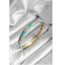 Mineli Pirinç Turkuaz Çiçek Desenli Gold Renk Kadın Kelepçe (çap 60 mm) - TJ-BB7002