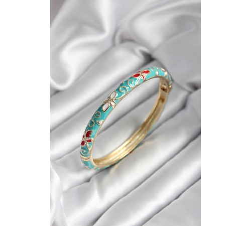 Mineli Pirinç Turkuaz Çiçek Desenli Gold Renk Kadın Kelepçe (çap 60 mm) - TJ-BB7002