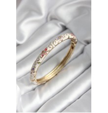 Mineli Pirinç Beyaz Çiçek Desenli Gold Renk Kadın Kelepçe (çap 60 mm) - TJ-BB7003
