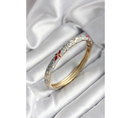 Mineli Pirinç Gri Çiçek Desenli Gold Renk Kadın Kelepçe - TJ-BB7004