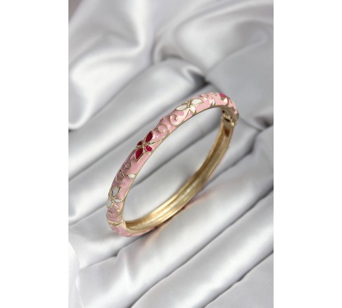 Mineli Pirinç Pembe Çiçek Desenli Gold Renk Kadın Kelepçe - TJ-BB7005