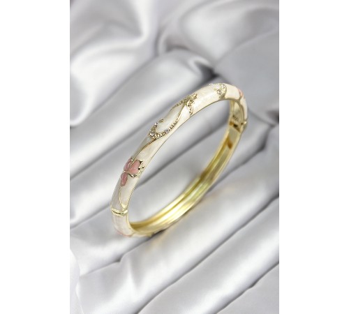 Mineli Pirinç Kırık Beyaz Çiçek Desenli Zirkon Taşlı Gold Renk Kadın Kelepçe - TJ-BB7008