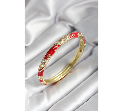 Mineli Pirinç Kırmızı Çiçek Desenli Zirkon Taşlı Gold Renk Kadın Kelepçe - TJ-BB7009