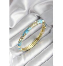 Mineli Pirinç Turkuaz Çiçek Desenli Zirkon Taşlı Gold Renk Kadın Kelepçe - TJ-BB7010