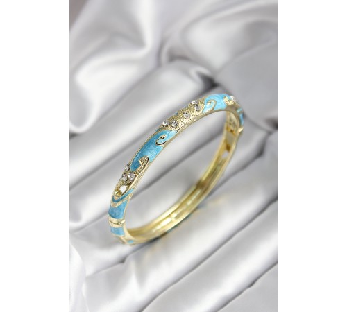 Mineli Pirinç Turkuaz Çiçek Desenli Zirkon Taşlı Gold Renk Kadın Kelepçe - TJ-BB7010