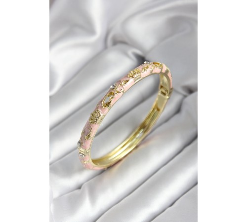 Mineli Pirinç Açık Pembe Kraliçe Taç Desenli Zirkon Taşlı Gold Renk Kadın Kelepçe - TJ-BB7011