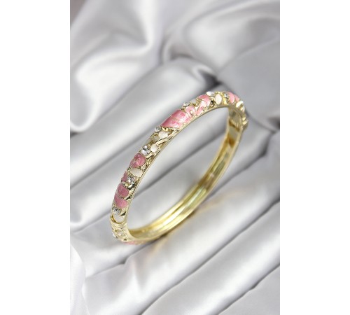 Mineli Pirinç Pembe Çiçek Desenli Zirkon Taşlı Gold Renk Kadın Kelepçe - TJ-BB7013