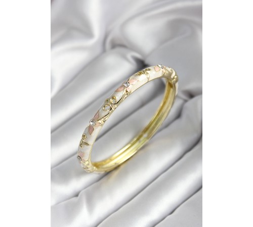 Mineli Pirinç Kırık Beyaz Çiçek Desenli Zirkon Taşlı Gold Renk Kadın Kelepçe - TJ-BB7015