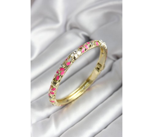 Mineli Pirinç Pembe Çiçek Desenli Gold Renk Kadın Kelepçe - TJ-BB7020