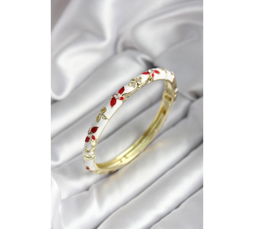 Mineli Pirinç Beyaz Çiçek Desenli Gold Renk Kadın Kelepçe - TJ-BB7023