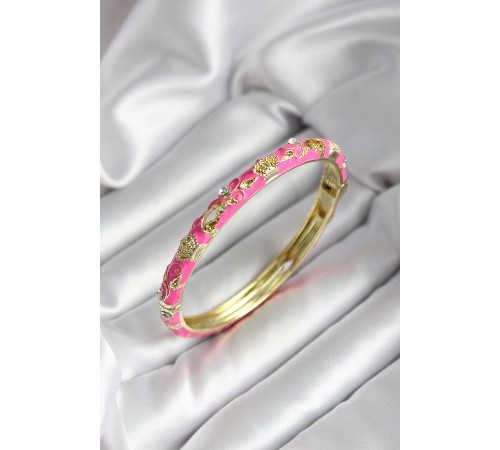 Mineli Pirinç Pembe Çiçek Desenli Gold Renk Kadın Kelepçe - TJ-BB7024
