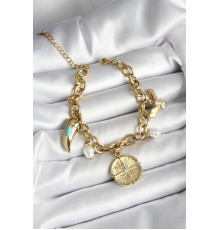 316L Çelik Yonca Fil Dişi ve Kuş Figürlü İnci Detaylı Sallantılı Gold Renk Kadın Bileklik - TJ-BB7031