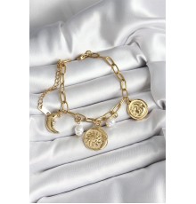 316L Çelik Güneş Ay ve Para Figürlü İnci Detaylı Sallantılı Gold Renk Kadın Bileklik - TJ-BB7032