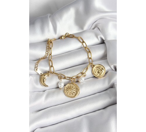 316L Çelik Güneş Ay ve Para Figürlü İnci Detaylı Sallantılı Gold Renk Kadın Bileklik - TJ-BB7032