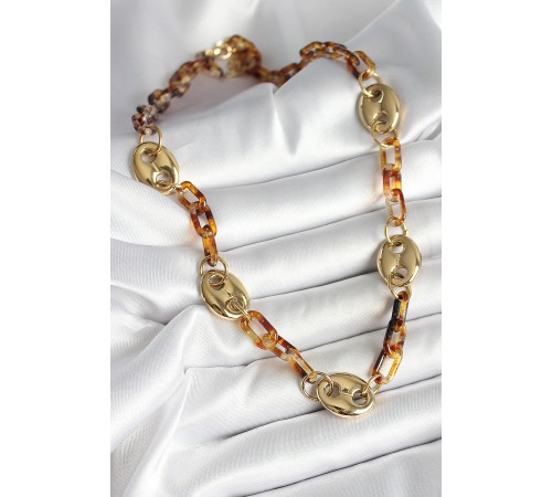 Leopar Desenli Mika Gold Renk Zincir Kadın Kolye - TJ-BKO10237