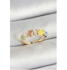 Pirinç Sıralı Kalp Figürlü Zirkon Taşlı Gold Renk Ayarlanabilir Kadın Yüzük - TJ-BYK3754