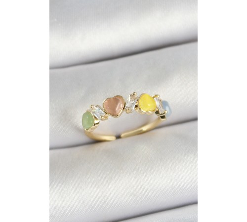 Pirinç Sıralı Kalp Figürlü Zirkon Taşlı Gold Renk Ayarlanabilir Kadın Yüzük - TJ-BYK3754