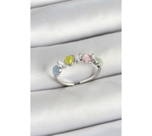 Pirinç Sıralı Kalp Figürlü Zirkon Taşlı Gümüş Renk Ayarlanabilir Kadın Yüzük - TJ-BYK3755