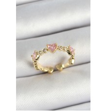 Pirinç Sıralı Kalp Figürlü Zirkon Taşlı Gold Renk Ayarlanabilir Kadın Yüzük - TJ-BYK3756
