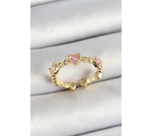 Pirinç Sıralı Kalp Figürlü Zirkon Taşlı Gold Renk Ayarlanabilir Kadın Yüzük - TJ-BYK3756