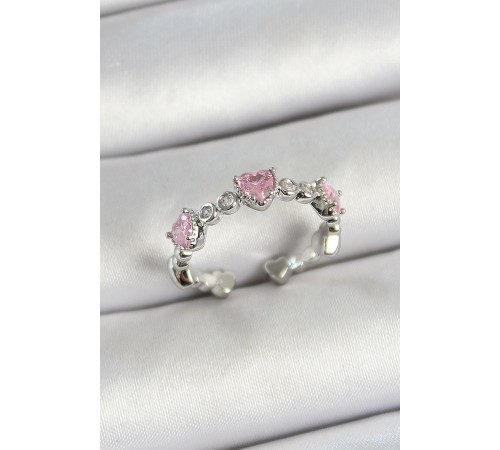 Pirinç Sıralı Kalp Figürlü Zirkon Taşlı Gümüş Renk Ayarlanabilir Kadın Yüzük - TJ-BYK3757