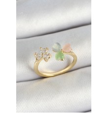 Pirinç Kalp Figürlü Zirkon Taşlı Gold Renk Ayarlanabilir Kadın Yüzük - TJ-BYK3762