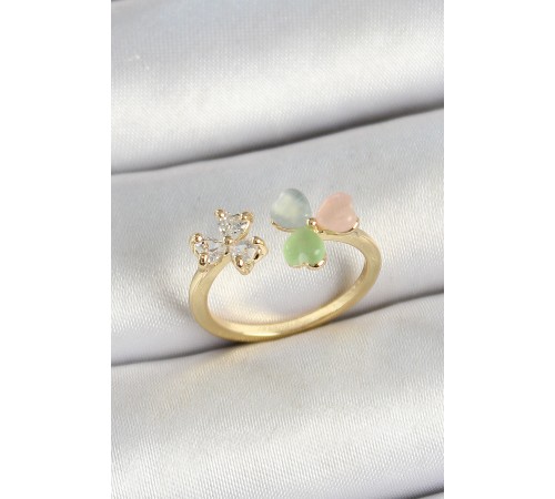 Pirinç Kalp Figürlü Zirkon Taşlı Gold Renk Ayarlanabilir Kadın Yüzük - TJ-BYK3762