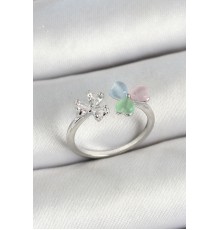 Pirinç Kalp Figürlü Zirkon Taşlı Gümüş Renk Ayarlanabilir Kadın Yüzük - TJ-BYK3763