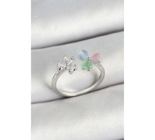 Pirinç Kalp Figürlü Zirkon Taşlı Gümüş Renk Ayarlanabilir Kadın Yüzük - TJ-BYK3763