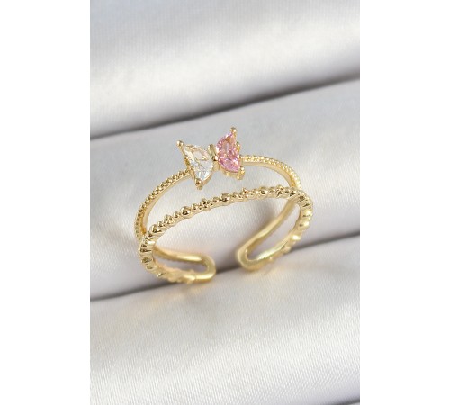 Pirinç Figürlü Zirkon Taşlı Gold Renk Ayarlanabilir Kadın Yüzük - TJ-BYK3766
