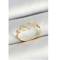 Pirinç Yaprak Figürlü Zirkon Taşlı Gold Renk Ayarlanabilir Kadın Yüzük - TJ-BYK3768