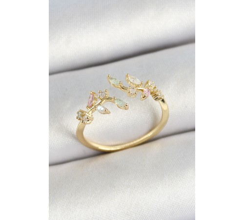 Pirinç Yaprak Figürlü Zirkon Taşlı Gold Renk Ayarlanabilir Kadın Yüzük - TJ-BYK3768